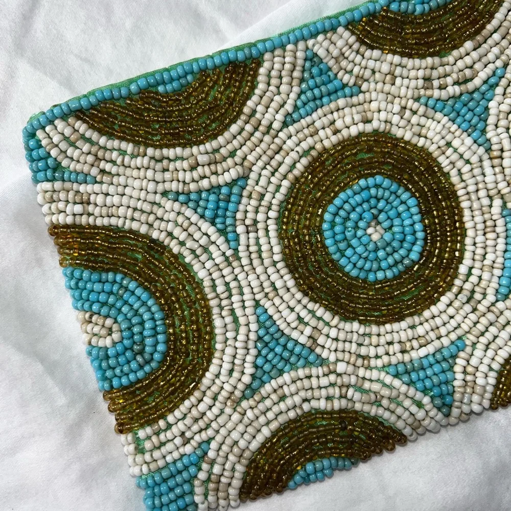 Beaded Turquoise White & Gold Wristlet Clutch